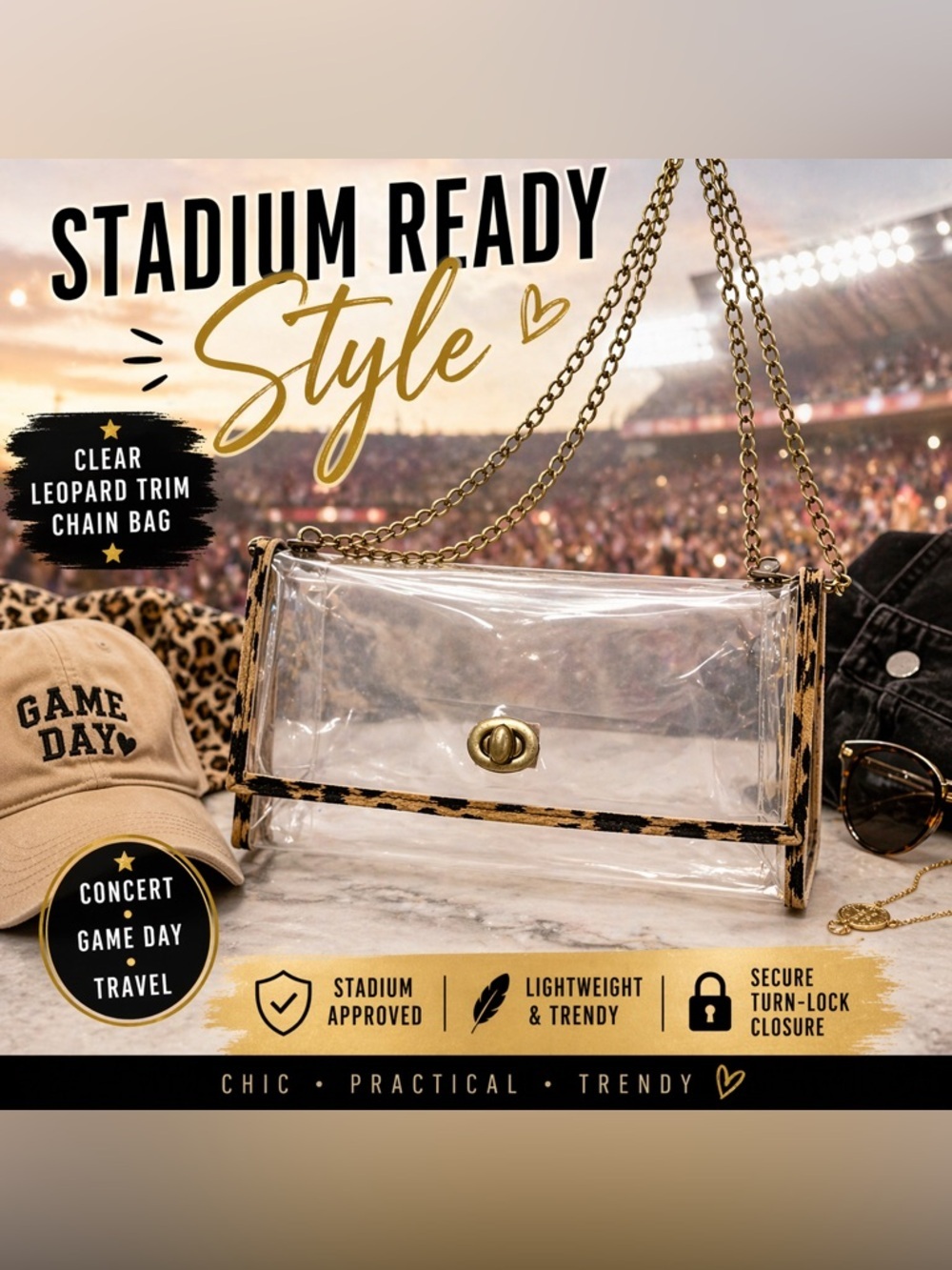Clear PVC Shoulder Bag Leopard Trim Gold Chain Strap